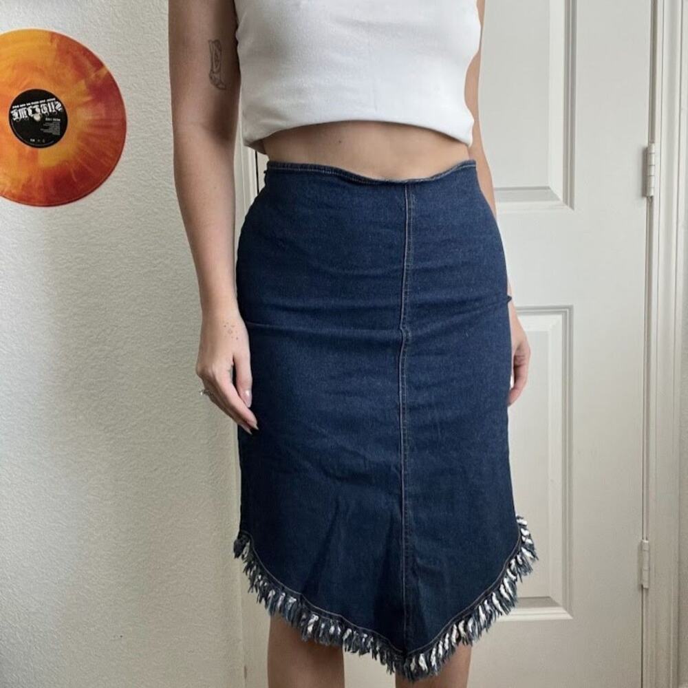Vintage 90s Y2K Wrapper One Denim Fringe Angle Cut Skirt Sz L